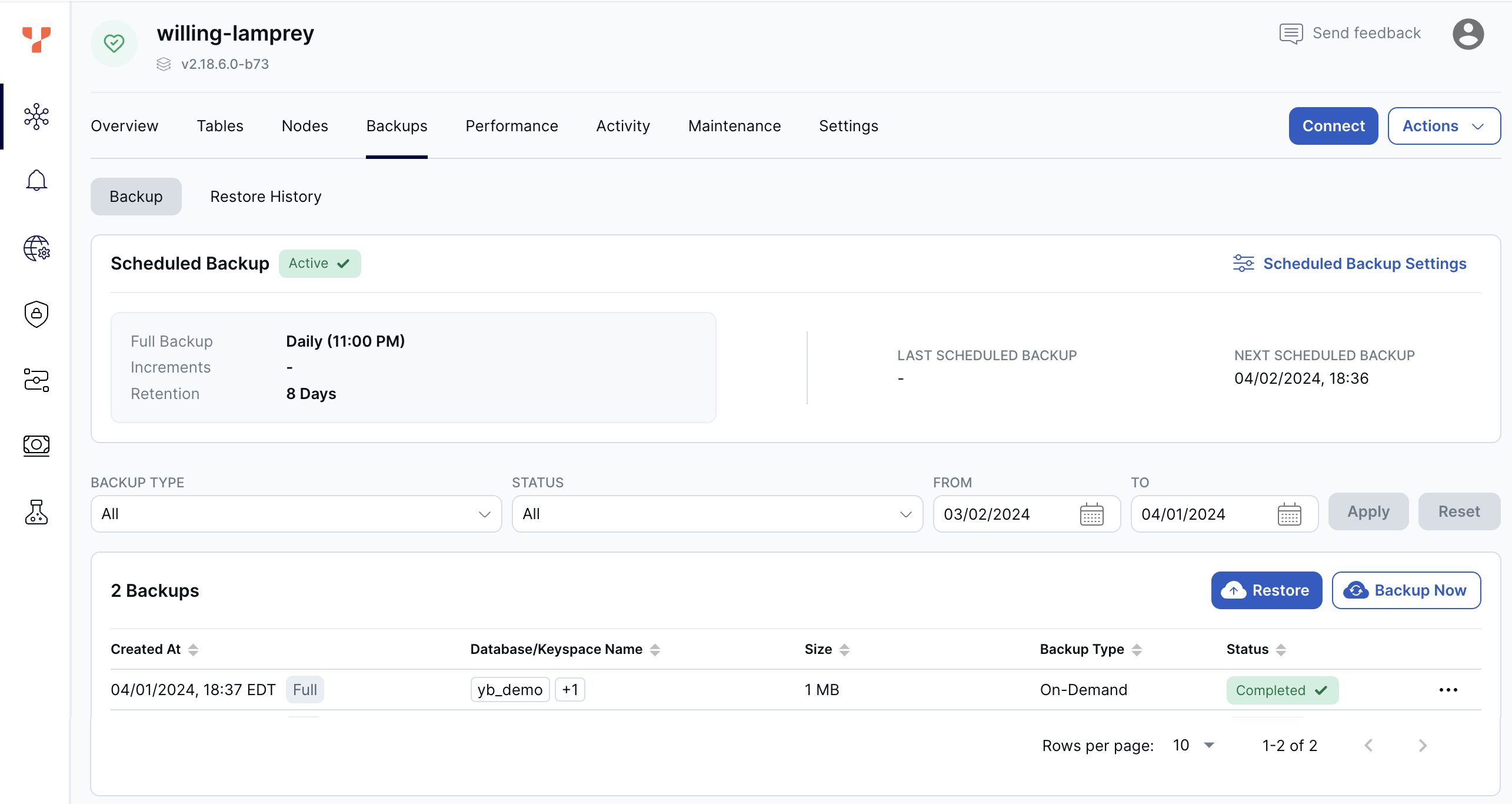 Cluster Backups page Cluster Backups page
